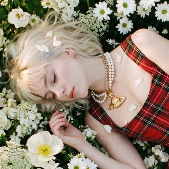 The same image at 100%: face, pearls and tartan