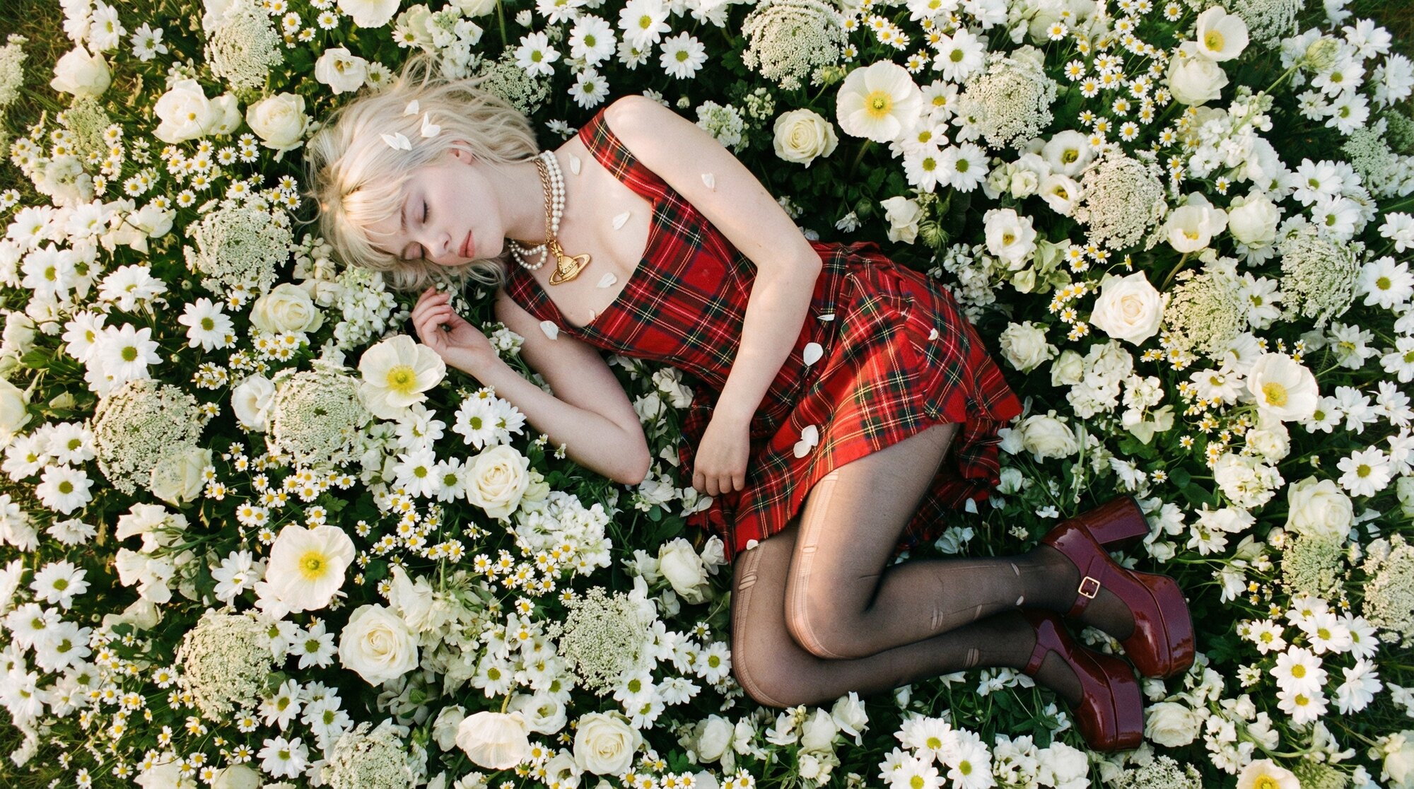 Fashion editorial: a woman in tartan lying in a field of white flowers